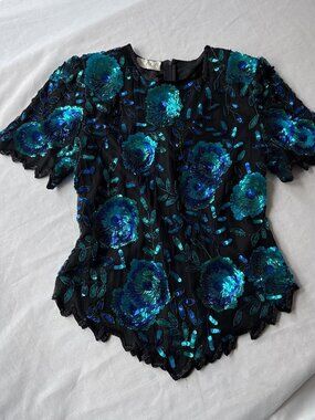 Vintage Scala Beaded Sequin Top Black Teal Blue Floral 80s 90s Evening Glam M